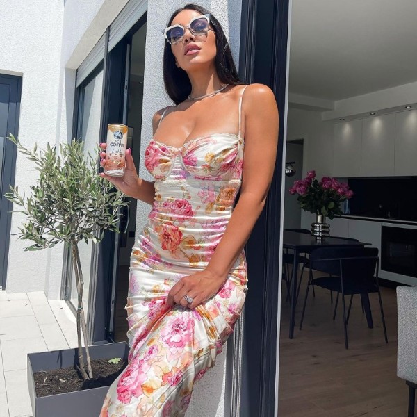 Halter Print Slim Off Shoulder Maxi Dress GWSD-D1992152