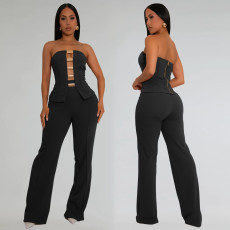 Sexy Wrap Chest Top And Staight Pants 2 Piece Set  BY-7367