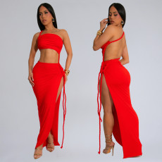 Sexy Solid Color Wrap Chest Backless Maxi Dress BY-7342