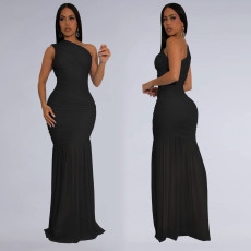 Solid Color Slash Shoulder Maxi Dress BY-7370