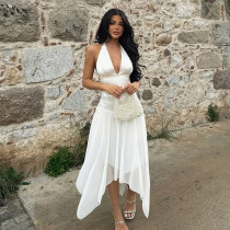Deep V Neck Backless Mesh Long Dress GLRF-WDD34814