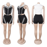 Plus Size Stripe Patchwork Contrast Color Sport Shorts Suit NY-3623