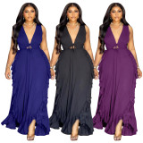 Plus Size V Neck Ruffles Maxi Dress NNWF-8084