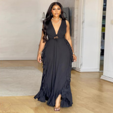 Plus Size V Neck Ruffles Maxi Dress NNWF-8084