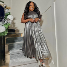 Plus Size Sleeveless Press Pleated Big Swing Maxi Dress NNWF-6079