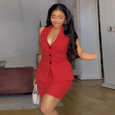 Plus Size Sleeveless Lapel Two Piece Skirt Set NNWF-8086