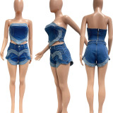 Sexy Wrap Chest Top Denim Two Piece Short Set NYF-8191