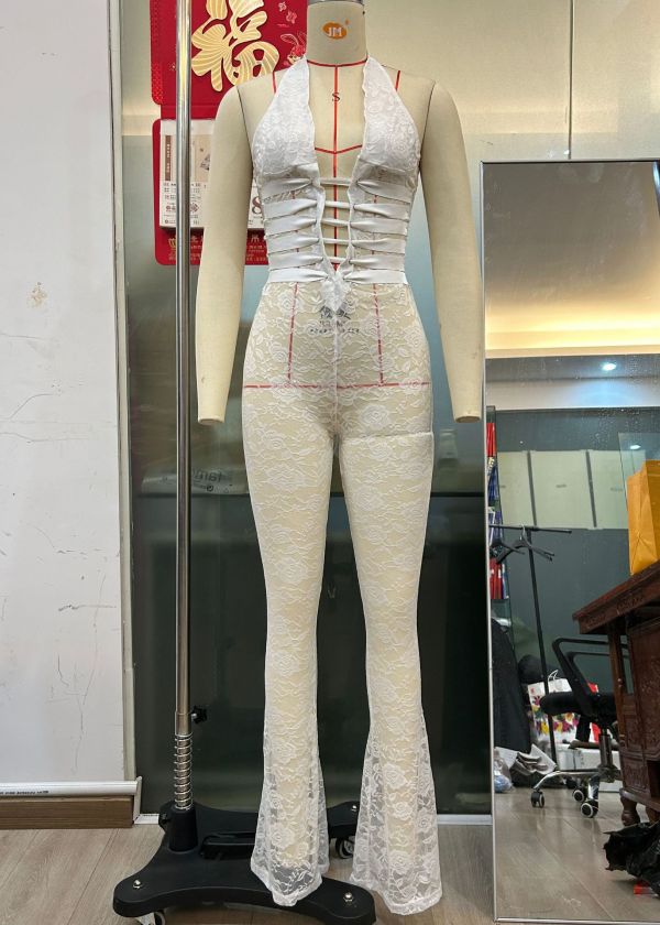 Lace V Neck Tie Up Backless Jumpsuit GOLB-SU3648