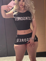 Letter Print Fashion Two Piece Shorts Set GFCF-1367