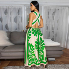 Sleeveless Deep V Neck Print Maxi Dress YF-20167