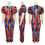Press Pleated Print Short Sleeve Maxi Dress YF-10783-2