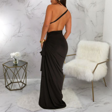 Solid Color Slash Neck Backless Split Maxi Dress YF-20195
