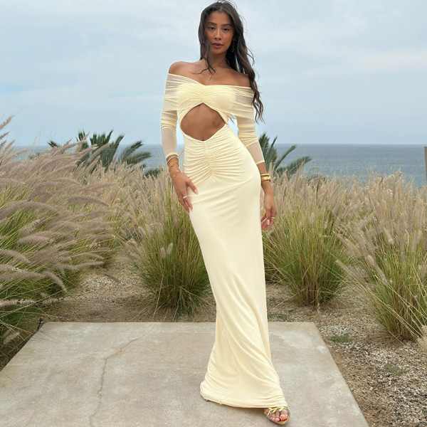 Solid Color Long Sleeve Mesh Maxi Dress XEF-K25D71346