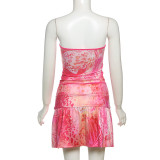 Bow Printed Tube Top Lace-Up Skirt Set XEF-K25S71450