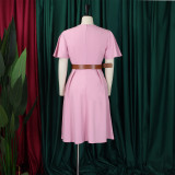 Plus Size V Neck Flare Sleeve Solid Color Midi Dress GMLF-3333