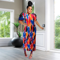 Press Pleated Print Short Sleeve Maxi Dress YF-10783-2