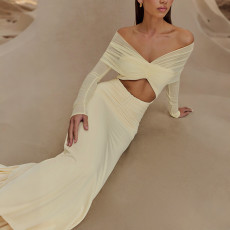 Solid Color Long Sleeve Mesh Maxi Dress XEF-K25D71346