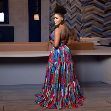 Sexy Sling Backless Colorful Print Maxi Dress BY-7377