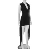 Lapel Neck Sleeveless Solid Color Bodysuit Skirt Suit GDSF-D25ST152