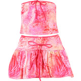 Bow Printed Tube Top Lace-Up Skirt Set XEF-K25S71450