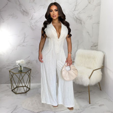 Solid Color Sleeveless Lapel Wide leg Jumpsuit YF-20211