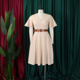 Plus Size V Neck Flare Sleeve Solid Color Midi Dress GMLF-3333