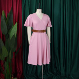 Plus Size V Neck Flare Sleeve Solid Color Midi Dress GMLF-3333