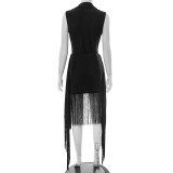 Lapel Neck Sleeveless Solid Color Bodysuit Skirt Suit GDSF-D25ST152