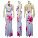 Sexy Print Tie Up Backless Maxi Dress YF-20210