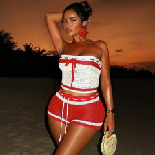 Knits Contrast Color Wrap Chest Two Piece Shorts Set GDSF-D25ST195