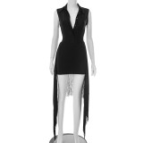 Lapel Neck Sleeveless Solid Color Bodysuit Skirt Suit GDSF-D25ST152