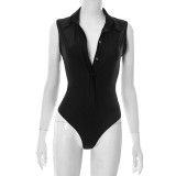 Lapel Neck Sleeveless Solid Color Bodysuit Skirt Suit GDSF-D25ST152