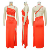Solid Color Slash Neck Backless Split Maxi Dress YF-20195