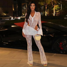 Sexy See Through Bodysuit Lace Two Piece Pants Set YF-10835