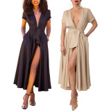 Solid Color V Neck Split Maxi Dress YF-20099