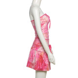 Bow Printed Tube Top Lace-Up Skirt Set XEF-K25S71450