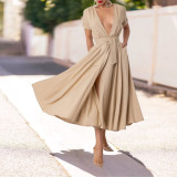 Solid Color V Neck Split Maxi Dress YF-20099