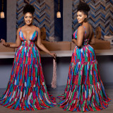 Sexy Sling Backless Colorful Print Maxi Dress BY-7377