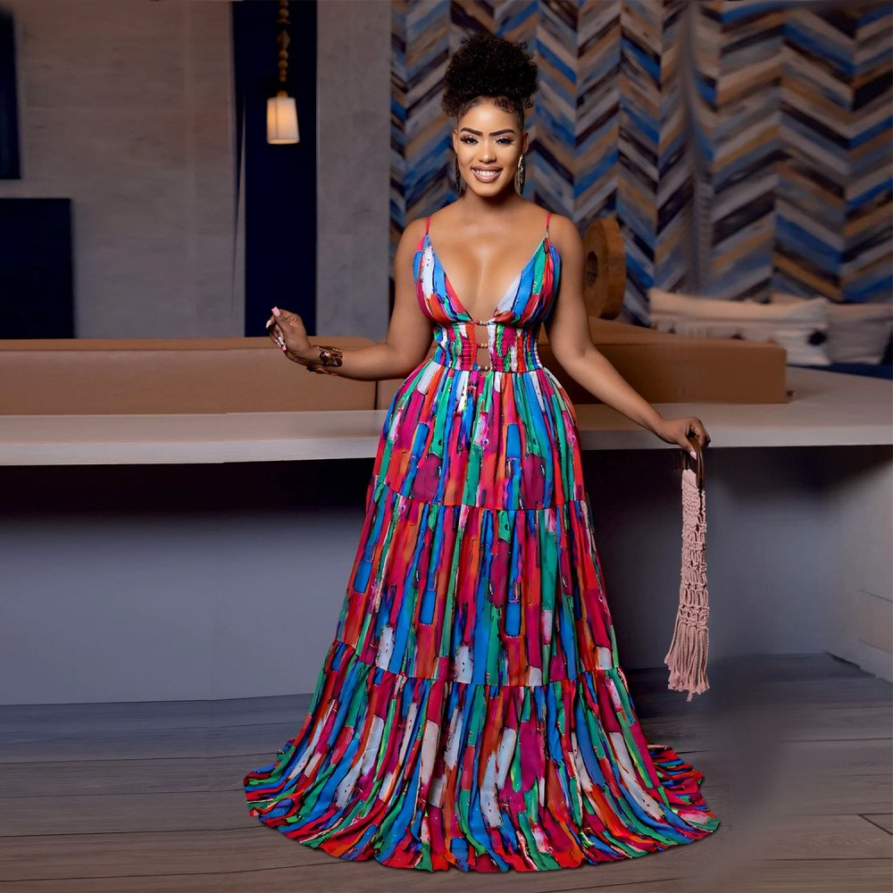 2026 Sexy Sling Backless Colorful Print Maxi Dress BY-7377 | DF -  www.dear-fashion.com