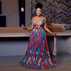 Sexy Sling Backless Colorful Print Maxi Dress BY-7377