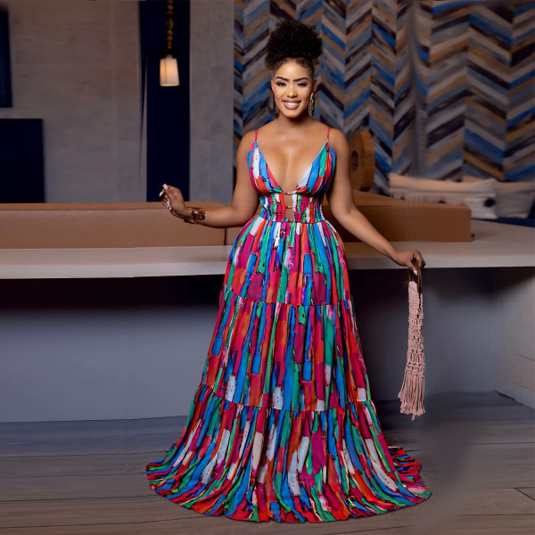 Sexy Sling Backless Colorful Print Maxi Dress BY-7377