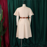 Plus Size V Neck Flare Sleeve Solid Color Midi Dress GMLF-3333