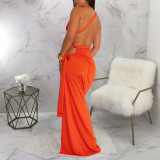 Solid Color Slash Neck Backless Split Maxi Dress YF-20195