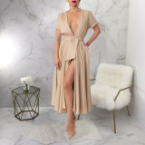 Solid Color V Neck Split Maxi Dress YF-20099