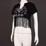 Letter Print Short Sleeve Tassel T Shirts GFRT-7710TG