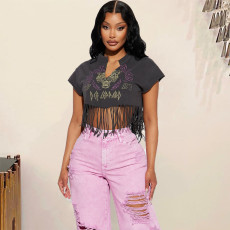 Letter Print Short Sleeve Tassel T Shirts GFRT-7710TG