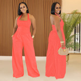 Solid Color Halterneck Backless Loose Jumpsuit BY-7390
