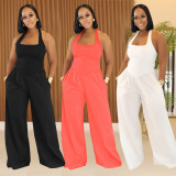 Solid Color Halterneck Backless Loose Jumpsuit BY-7390