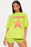Letter Print Short Sleeve Loose Two Piece Shorts Set GBGF-8807