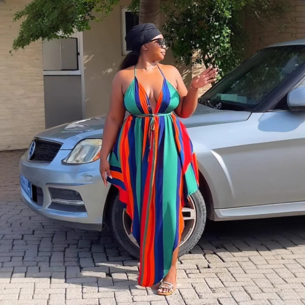 Colorful Print Halterneck Split Maxi Dress NY-11086